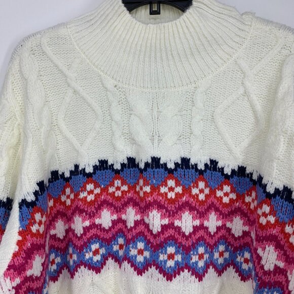 St. Johns Bay Sweater White Fair Isle Mock Turtleneck Cable Knit - Picture 2 of 7